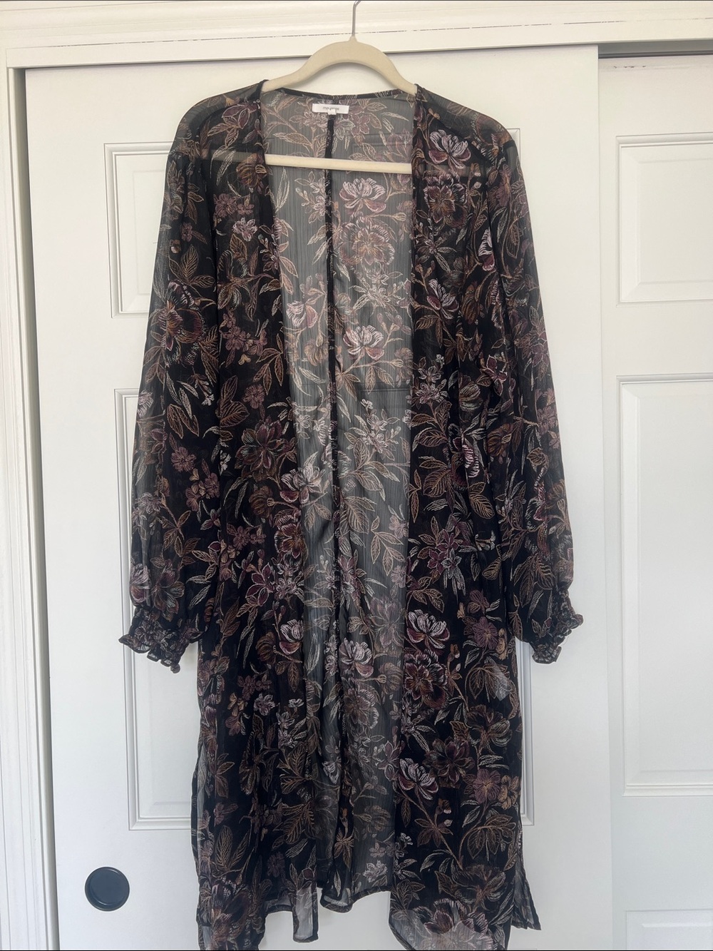Maurices Black Sheer Floral Kimono with Mauve and Taupe Accents